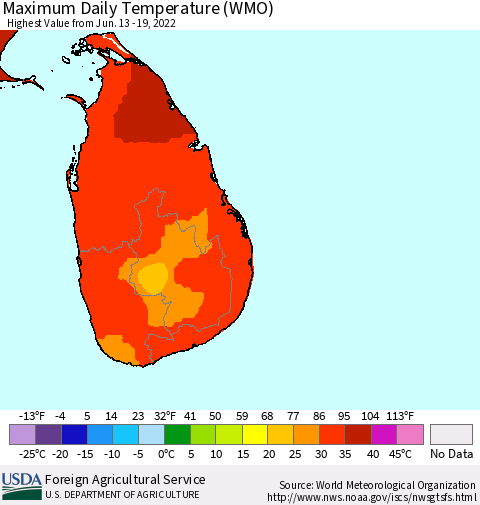 Sri Lanka Extreme Maximum Temperature (WMO) Thematic Map For 6/13/2022 - 6/19/2022