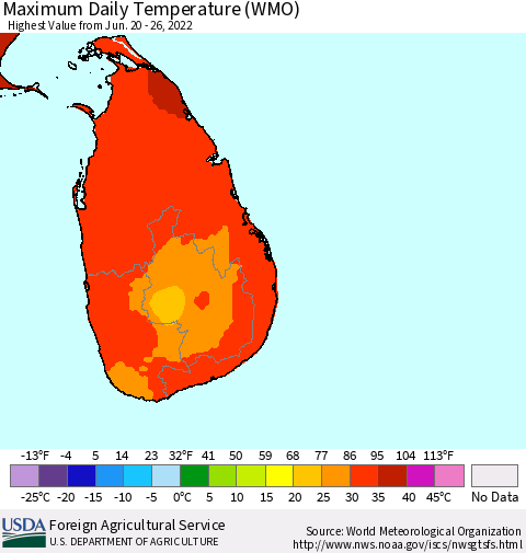 Sri Lanka Maximum Daily Temperature (WMO) Thematic Map For 6/20/2022 - 6/26/2022