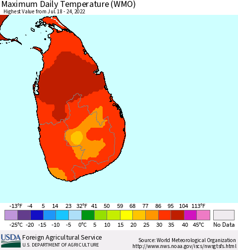 Sri Lanka Extreme Maximum Temperature (WMO) Thematic Map For 7/18/2022 - 7/24/2022