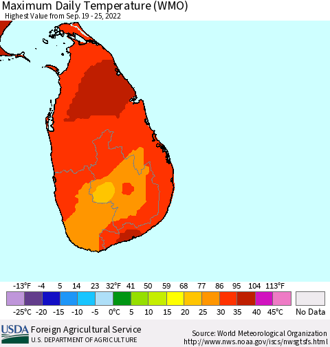 Sri Lanka Maximum Daily Temperature (WMO) Thematic Map For 9/19/2022 - 9/25/2022