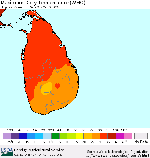 Sri Lanka Maximum Daily Temperature (WMO) Thematic Map For 9/26/2022 - 10/2/2022