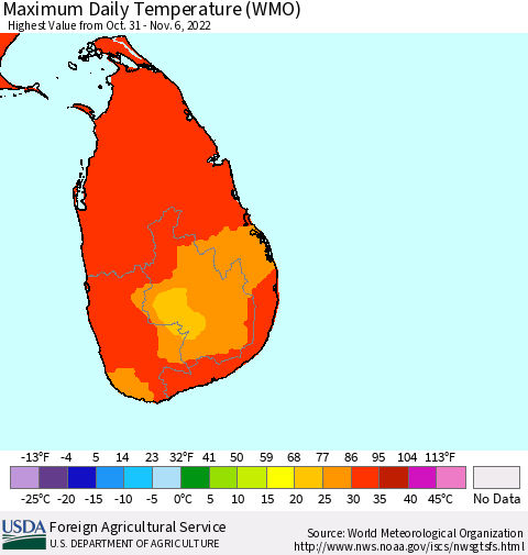 Sri Lanka Maximum Daily Temperature (WMO) Thematic Map For 10/31/2022 - 11/6/2022