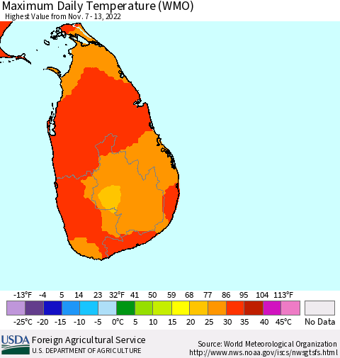 Sri Lanka Maximum Daily Temperature (WMO) Thematic Map For 11/7/2022 - 11/13/2022