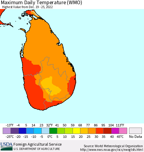 Sri Lanka Maximum Daily Temperature (WMO) Thematic Map For 12/19/2022 - 12/25/2022