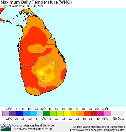 Sri Lanka Maximum Daily Temperature (WMO) Thematic Map For 1/2/2023 - 1/8/2023