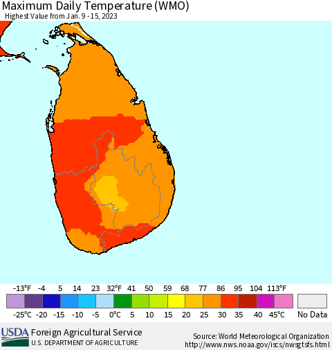 Sri Lanka Maximum Daily Temperature (WMO) Thematic Map For 1/9/2023 - 1/15/2023