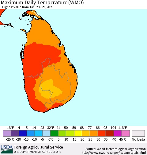 Sri Lanka Maximum Daily Temperature (WMO) Thematic Map For 1/23/2023 - 1/29/2023
