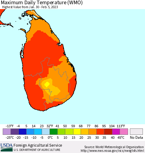 Sri Lanka Maximum Daily Temperature (WMO) Thematic Map For 1/30/2023 - 2/5/2023