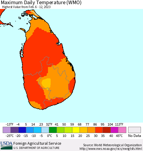 Sri Lanka Maximum Daily Temperature (WMO) Thematic Map For 2/6/2023 - 2/12/2023