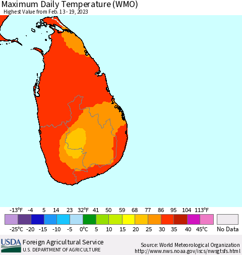 Sri Lanka Maximum Daily Temperature (WMO) Thematic Map For 2/13/2023 - 2/19/2023
