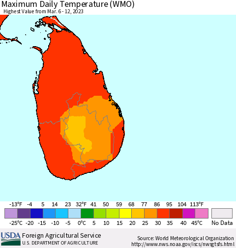 Sri Lanka Maximum Daily Temperature (WMO) Thematic Map For 3/6/2023 - 3/12/2023