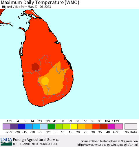 Sri Lanka Maximum Daily Temperature (WMO) Thematic Map For 3/20/2023 - 3/26/2023