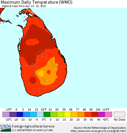 Sri Lanka Maximum Daily Temperature (WMO) Thematic Map For 4/10/2023 - 4/16/2023