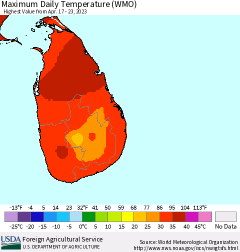 Sri Lanka Maximum Daily Temperature (WMO) Thematic Map For 4/17/2023 - 4/23/2023