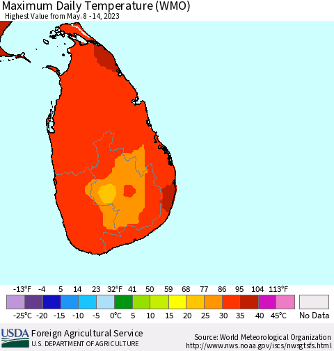 Sri Lanka Maximum Daily Temperature (WMO) Thematic Map For 5/8/2023 - 5/14/2023