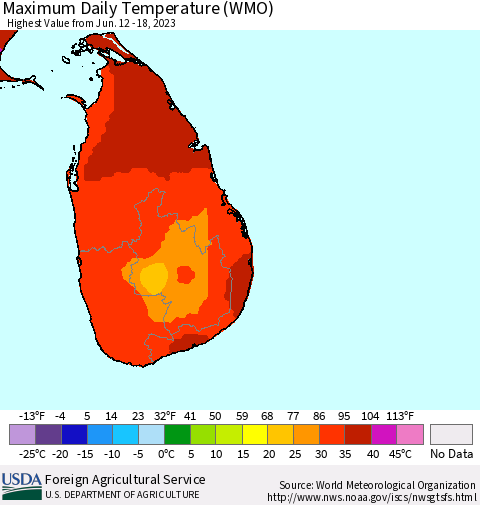 Sri Lanka Maximum Daily Temperature (WMO) Thematic Map For 6/12/2023 - 6/18/2023