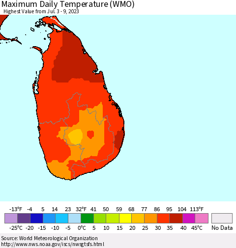 Sri Lanka Maximum Daily Temperature (WMO) Thematic Map For 7/3/2023 - 7/9/2023