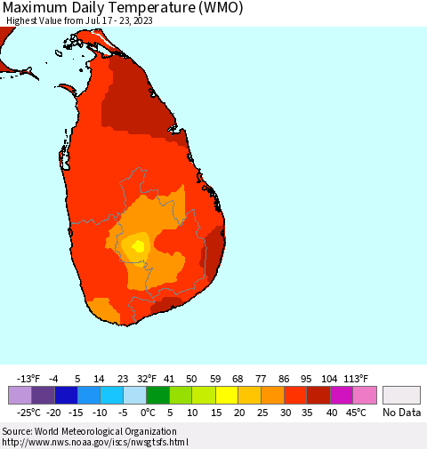 Sri Lanka Maximum Daily Temperature (WMO) Thematic Map For 7/17/2023 - 7/23/2023