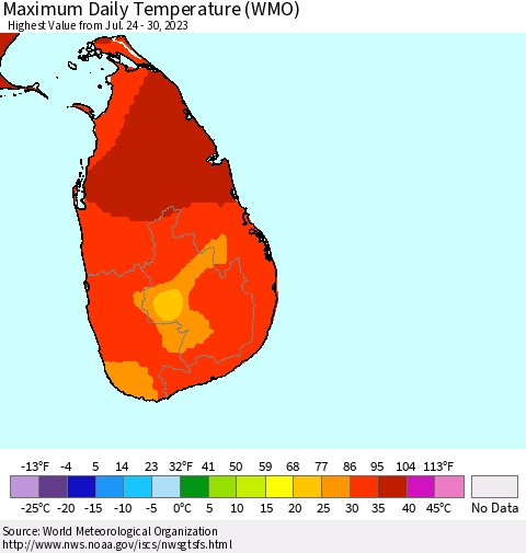 Sri Lanka Maximum Daily Temperature (WMO) Thematic Map For 7/24/2023 - 7/30/2023