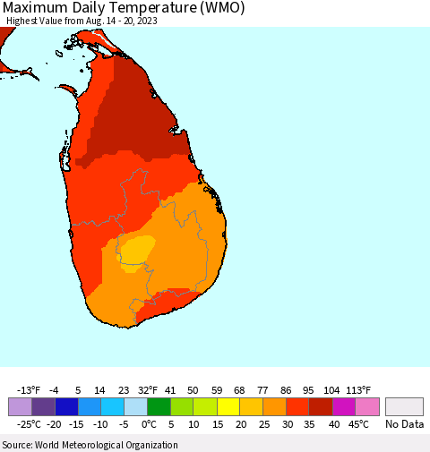 Sri Lanka Maximum Daily Temperature (WMO) Thematic Map For 8/14/2023 - 8/20/2023