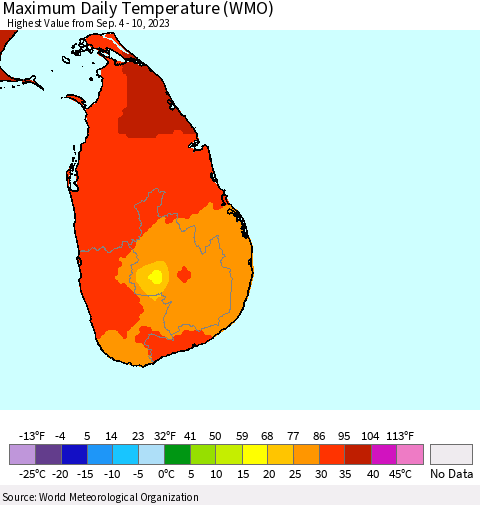 Sri Lanka Maximum Daily Temperature (WMO) Thematic Map For 9/4/2023 - 9/10/2023