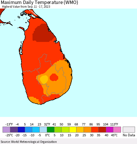 Sri Lanka Maximum Daily Temperature (WMO) Thematic Map For 9/11/2023 - 9/17/2023