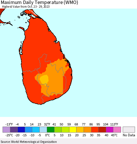 Sri Lanka Maximum Daily Temperature (WMO) Thematic Map For 10/23/2023 - 10/29/2023