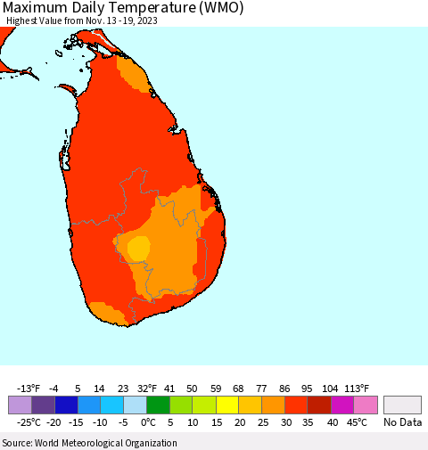 Sri Lanka Maximum Daily Temperature (WMO) Thematic Map For 11/13/2023 - 11/19/2023