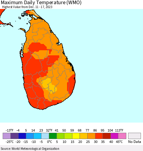 Sri Lanka Maximum Daily Temperature (WMO) Thematic Map For 12/11/2023 - 12/17/2023
