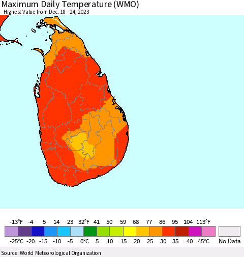 Sri Lanka Maximum Daily Temperature (WMO) Thematic Map For 12/18/2023 - 12/24/2023