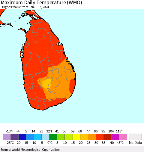Sri Lanka Maximum Daily Temperature (WMO) Thematic Map For 1/1/2024 - 1/7/2024