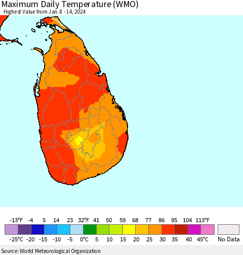 Sri Lanka Maximum Daily Temperature (WMO) Thematic Map For 1/8/2024 - 1/14/2024