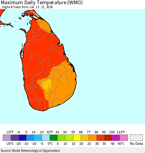 Sri Lanka Maximum Daily Temperature (WMO) Thematic Map For 1/15/2024 - 1/21/2024