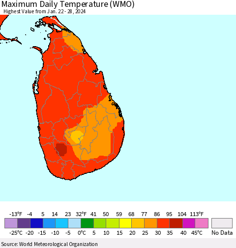 Sri Lanka Maximum Daily Temperature (WMO) Thematic Map For 1/22/2024 - 1/28/2024