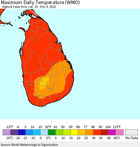 Sri Lanka Maximum Daily Temperature (WMO) Thematic Map For 1/29/2024 - 2/4/2024