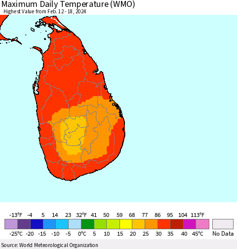 Sri Lanka Maximum Daily Temperature (WMO) Thematic Map For 2/12/2024 - 2/18/2024