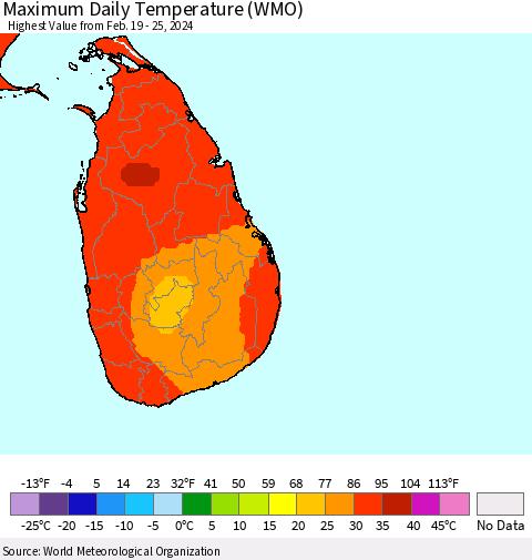 Sri Lanka Maximum Daily Temperature (WMO) Thematic Map For 2/19/2024 - 2/25/2024