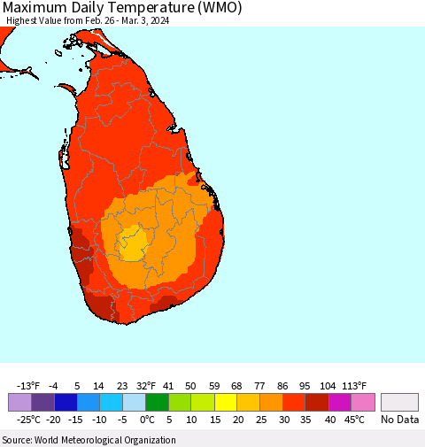 Sri Lanka Maximum Daily Temperature (WMO) Thematic Map For 2/26/2024 - 3/3/2024