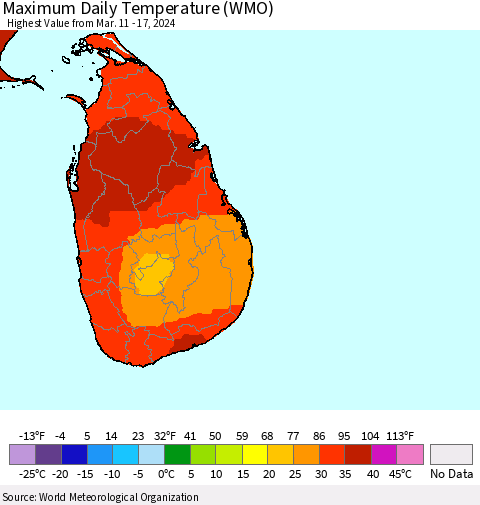 Sri Lanka Maximum Daily Temperature (WMO) Thematic Map For 3/11/2024 - 3/17/2024