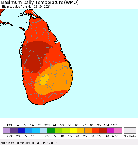Sri Lanka Maximum Daily Temperature (WMO) Thematic Map For 3/18/2024 - 3/24/2024