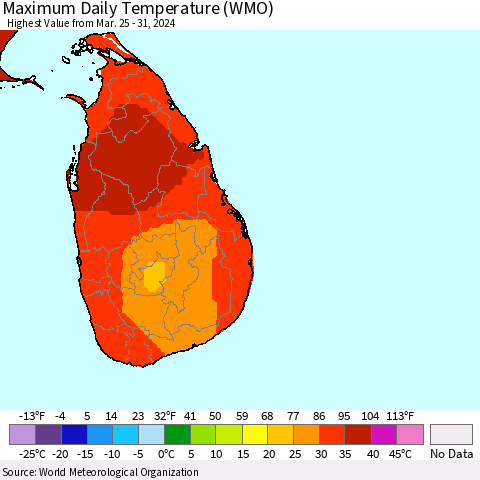 Sri Lanka Maximum Daily Temperature (WMO) Thematic Map For 3/25/2024 - 3/31/2024