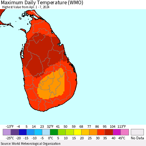 Sri Lanka Maximum Daily Temperature (WMO) Thematic Map For 4/1/2024 - 4/7/2024