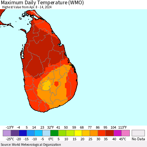 Sri Lanka Maximum Daily Temperature (WMO) Thematic Map For 4/8/2024 - 4/14/2024