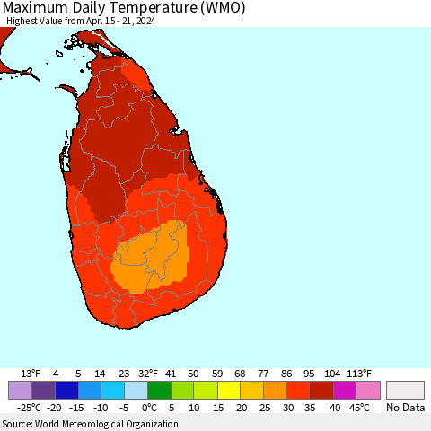 Sri Lanka Maximum Daily Temperature (WMO) Thematic Map For 4/15/2024 - 4/21/2024