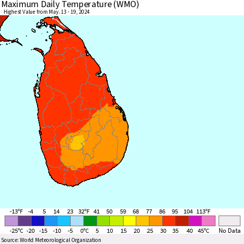 Sri Lanka Maximum Daily Temperature (WMO) Thematic Map For 5/13/2024 - 5/19/2024