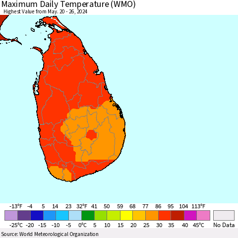 Sri Lanka Maximum Daily Temperature (WMO) Thematic Map For 5/20/2024 - 5/26/2024