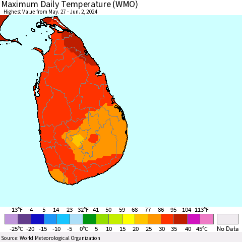 Sri Lanka Maximum Daily Temperature (WMO) Thematic Map For 5/27/2024 - 6/2/2024