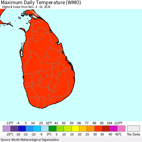 Sri Lanka Maximum Daily Temperature (WMO) Thematic Map For 11/4/2024 - 11/10/2024
