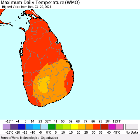 Sri Lanka Maximum Daily Temperature (WMO) Thematic Map For 12/23/2024 - 12/29/2024