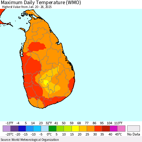 Sri Lanka Maximum Daily Temperature (WMO) Thematic Map For 1/20/2025 - 1/26/2025